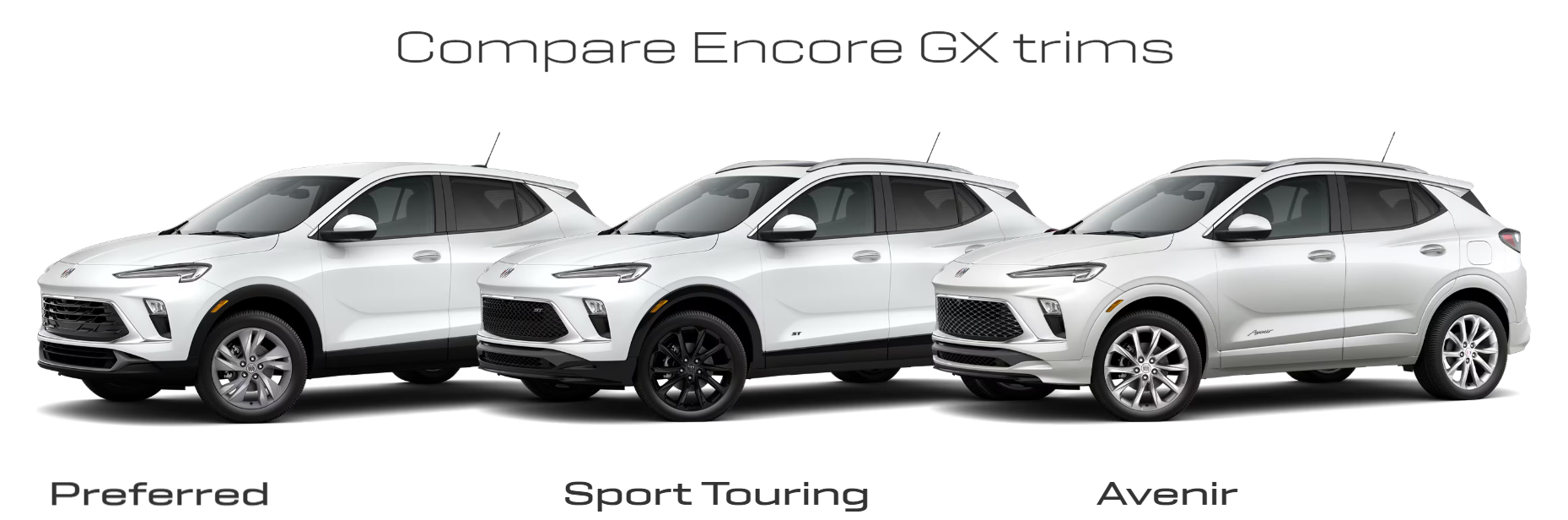 Image showing three trims of the Buick Encore GX, Preferred, Sport Touring, and Avenir, lined up side by side for comparison.