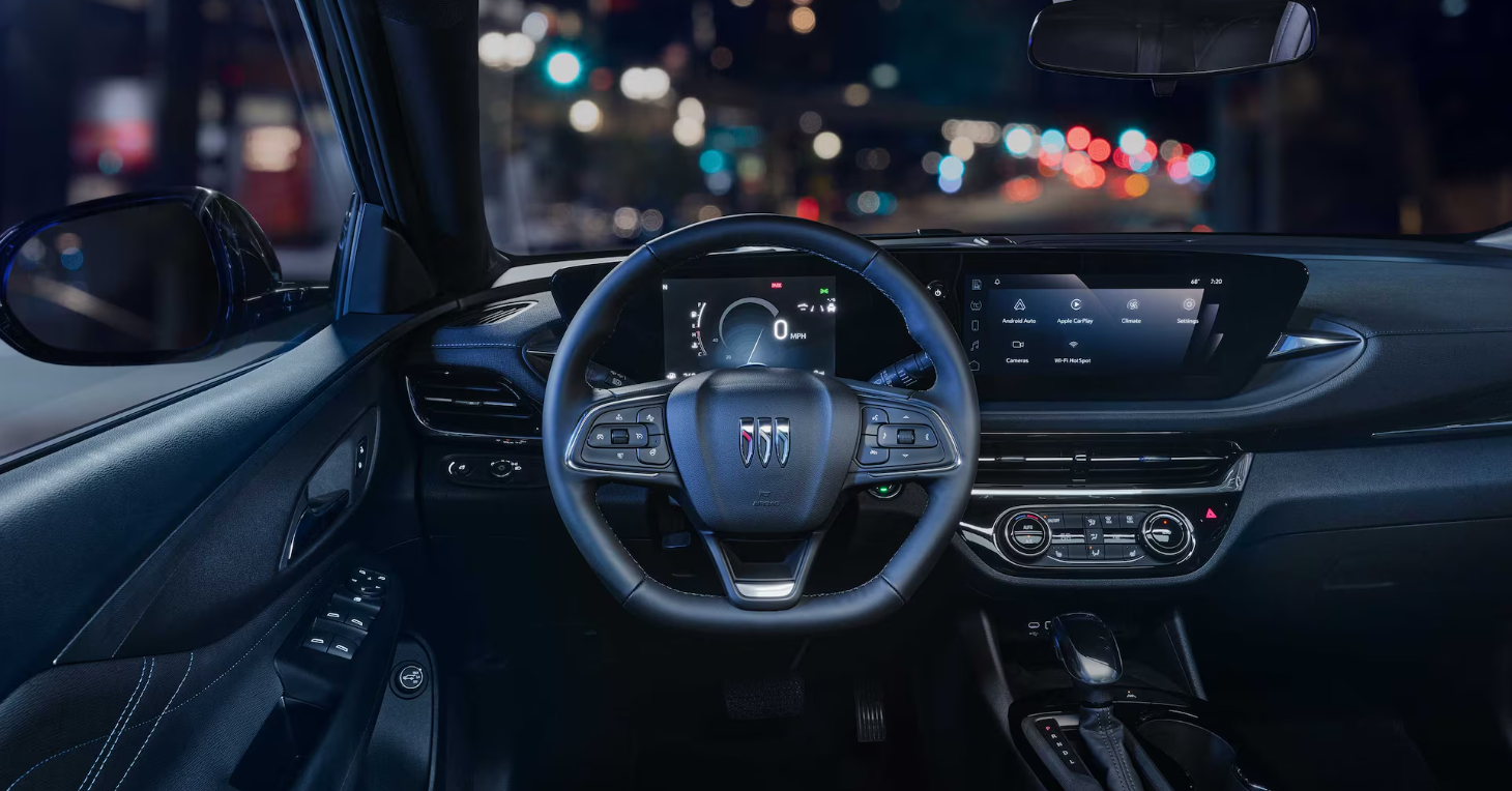 The driver’s view inside a 2026 Buick Envista featuring a digital display and infotainment screen.